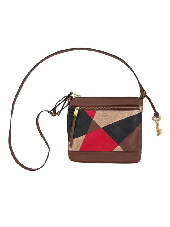 Fossil Handbags - Fossil Fiona Boho Leather Color Block Crossbody Bag Inner Pockets Key Charm